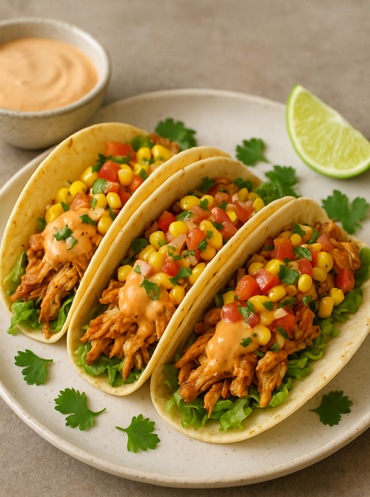 Halal Chicken Tacos with Chipotle Cream & Corn Salsa