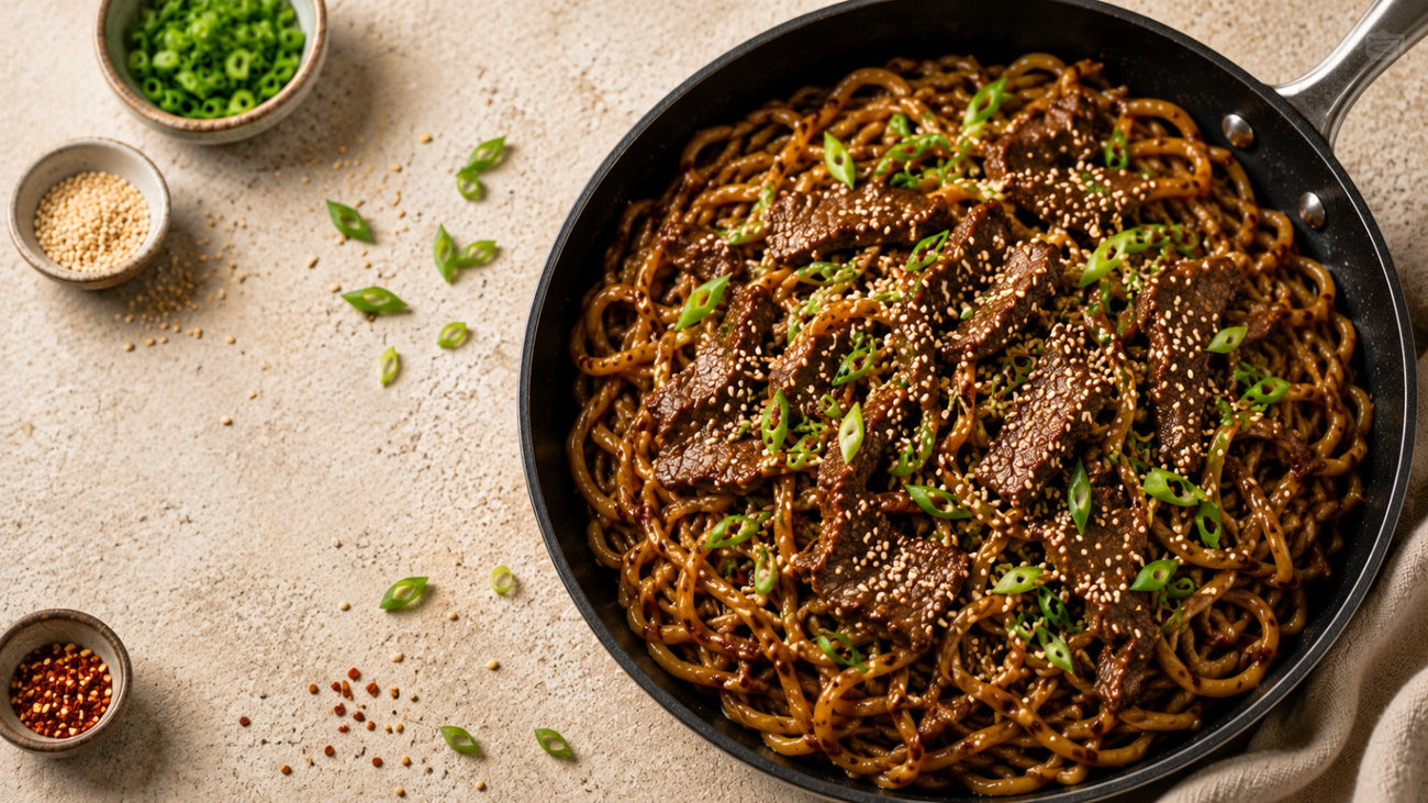 One-Pan Halal Beef Bulgogi Noodles with Sesame & Scallions