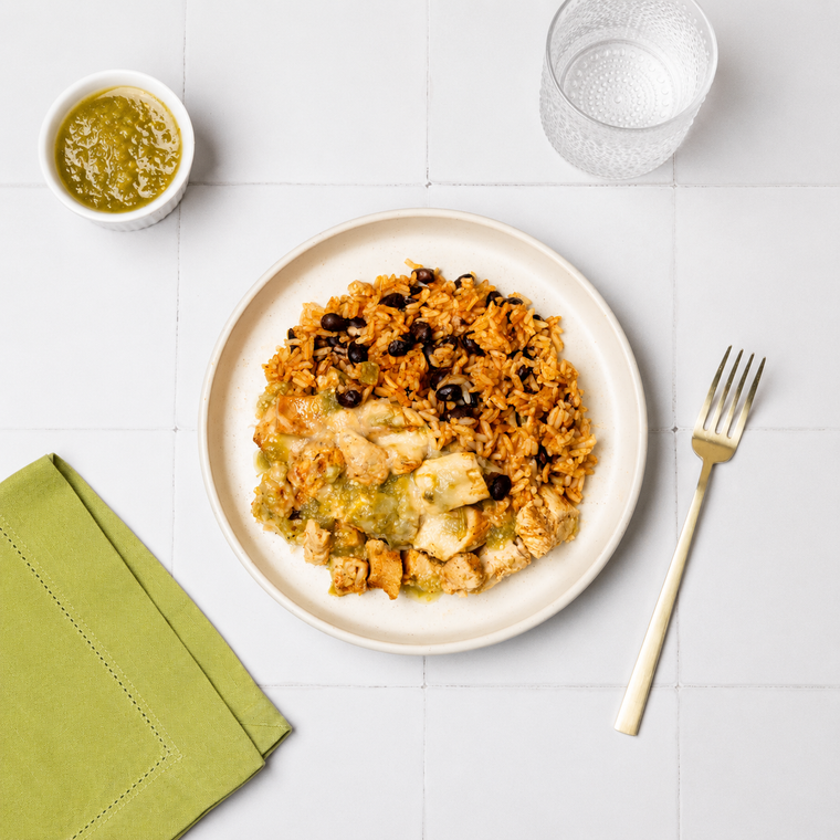 Fajita Chicken Bowl with Salsa Verde & Spanish Rice