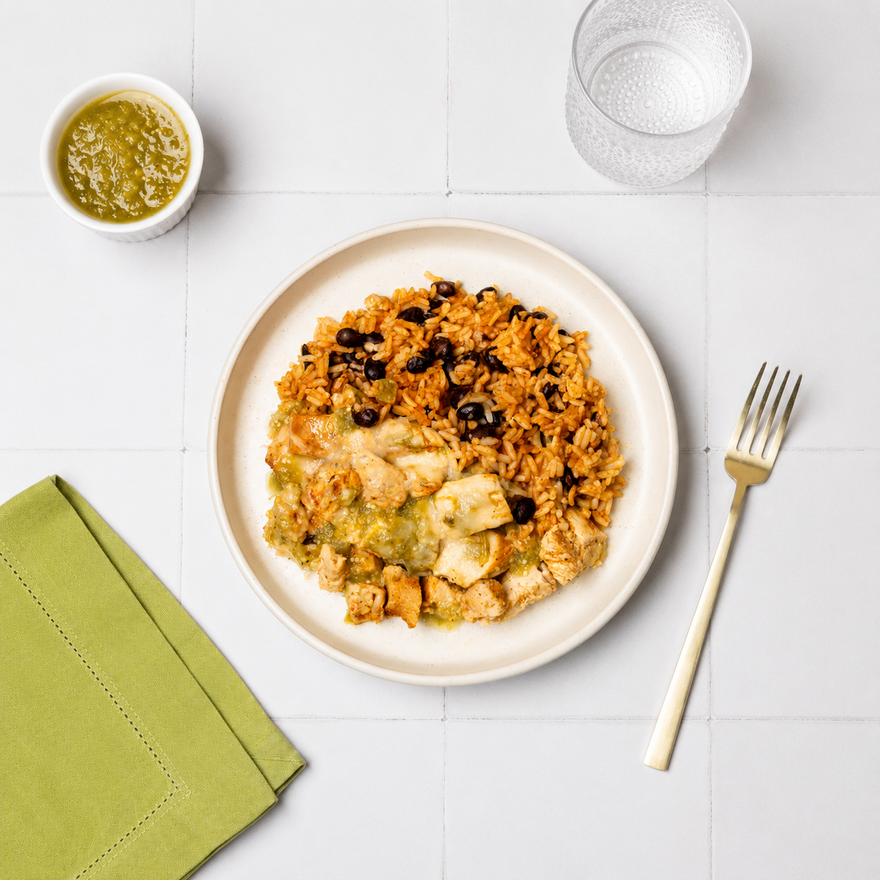 Fajita Chicken Bowl with Salsa Verde & Spanish Rice