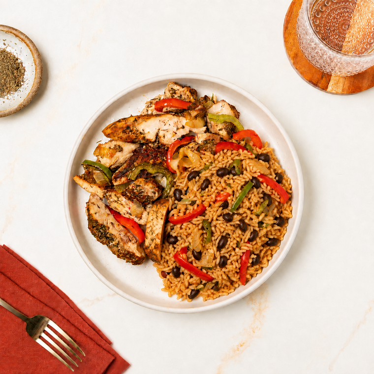 Jerk Chicken with Pepper Rice and Peas