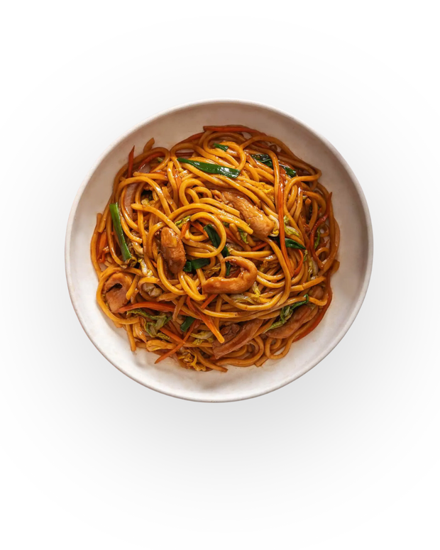 Chicken Teriyaki Lo Mein in Soy Glaze with Stir Fried Vegetables