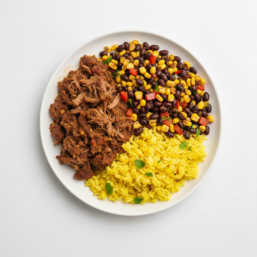 Beef Barbacoa Bowl with Roasted Corn, and Black Beans