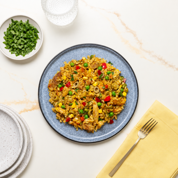 Spanish Arroz con Pollo with Roasted Peppers & Saffron Rice