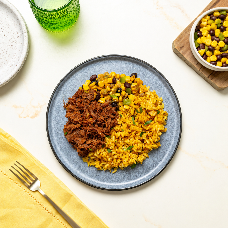 Beef Barbacoa Bowl with Roasted Corn, and Black Beans