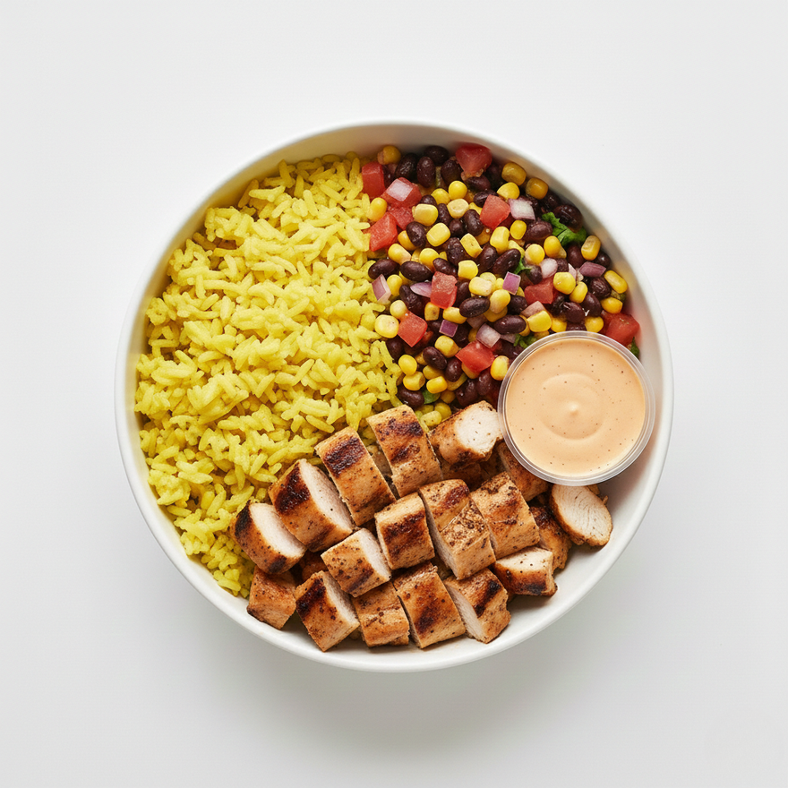 Smokey Chipotle Chicken bowl with Cilantro Rice and Corn Salsa