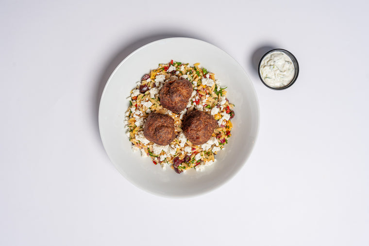 Greek Meatballs with Lemon Herb Orzo & Tzatziki