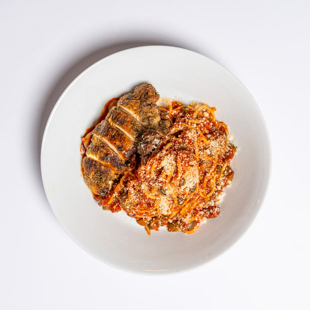 Spaghetti Puttanesca with Sous Vide Marinated Chicken