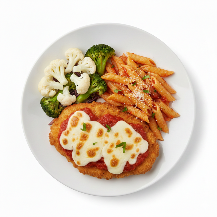 Herb-Crusted Chicken Parmesan with Roasted Vegetables & Artisan Pasta