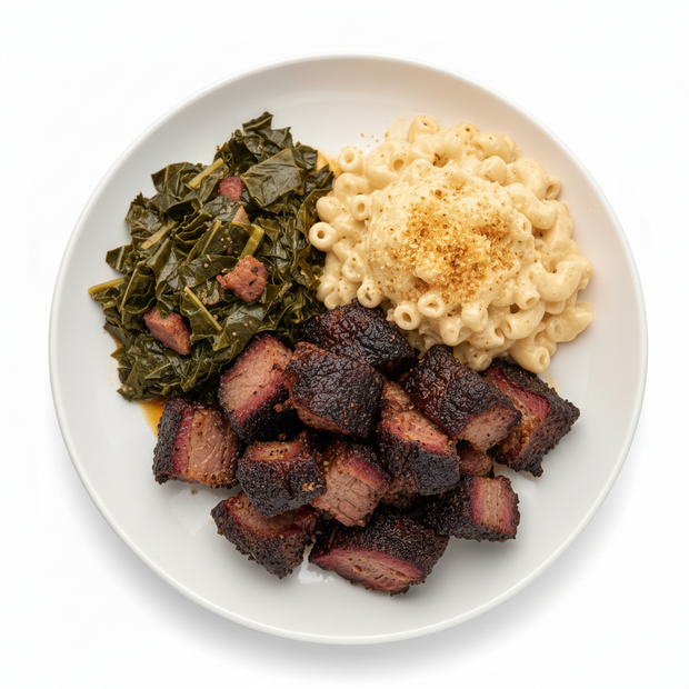 BBQ Brisket Burnt Ends with Cheddar Mac & Braised Greens