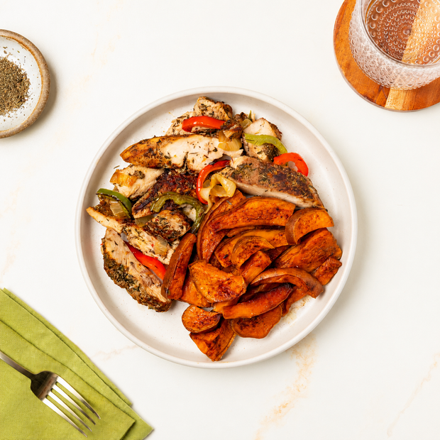 Jerk Chicken with Sweet Potatoes & Peppers