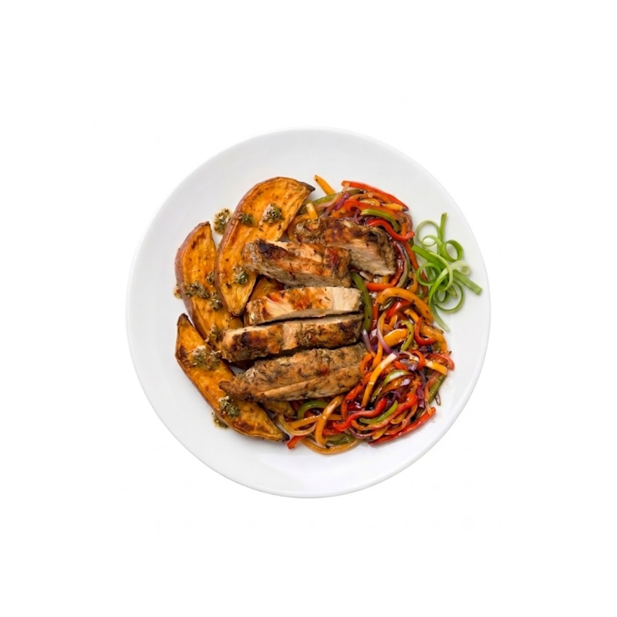Jerk Chicken with Sweet Potatoes & Peppers