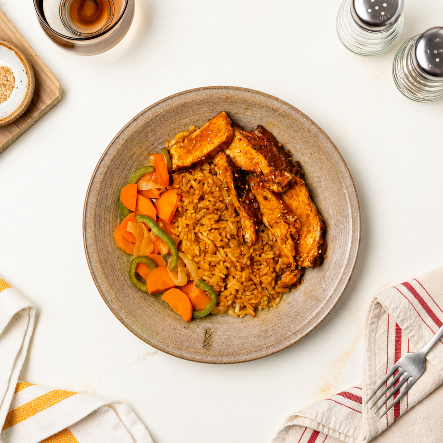 Korean Ginger Chicken Bowl with Caramelized Veggies