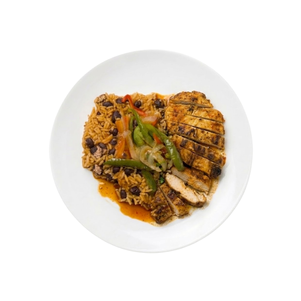 Portuguese-style grilled chicken with rice and beans￼