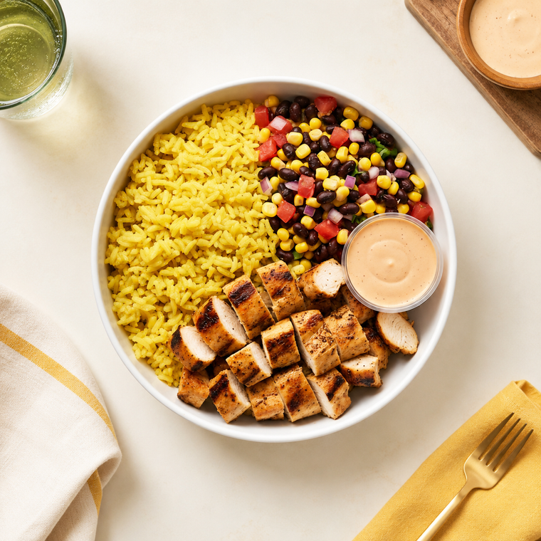 Smokey Chipotle Chicken bowl with Cilantro Rice and Corn Salsa