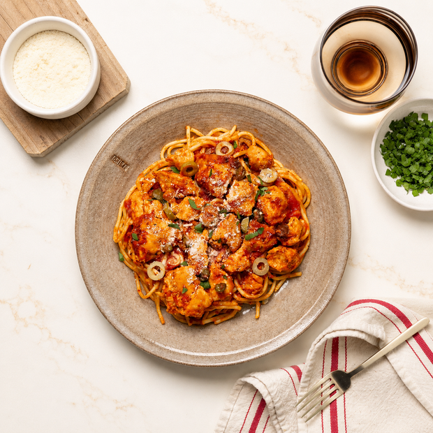 Spaghetti Puttanesca with Sous Vide Marinated Chicken